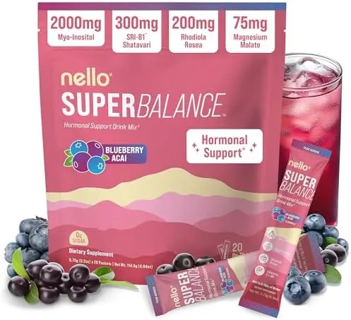 nello superbalance hormonal support drink mix sri 81 shatavari myo inositol rhodiola rosea vitamin c magnesium theobromine 20 servings blueberry acai