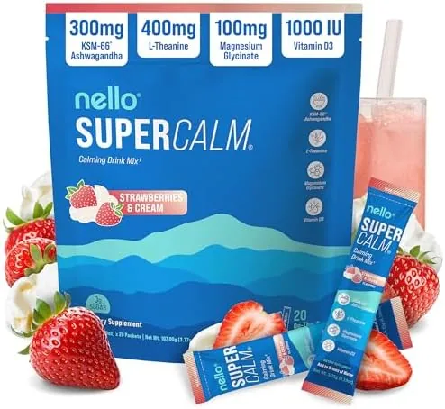 nello supercalm powdered drink mix cortisol reducer sleep aid supplement l theanine ksm 66 ashwagandha magnesium glycinate vitamin d 3 no sugar non gmo 20 ct strawberries cream