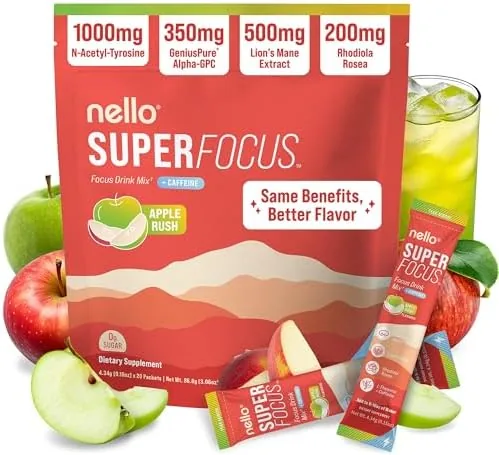 nello superfocus nootropic focus drink mix for productivity l theanine rhodiola rosea alpha gpc lions mane tyrosine sugar free packets 20 servings caffeine apple rush